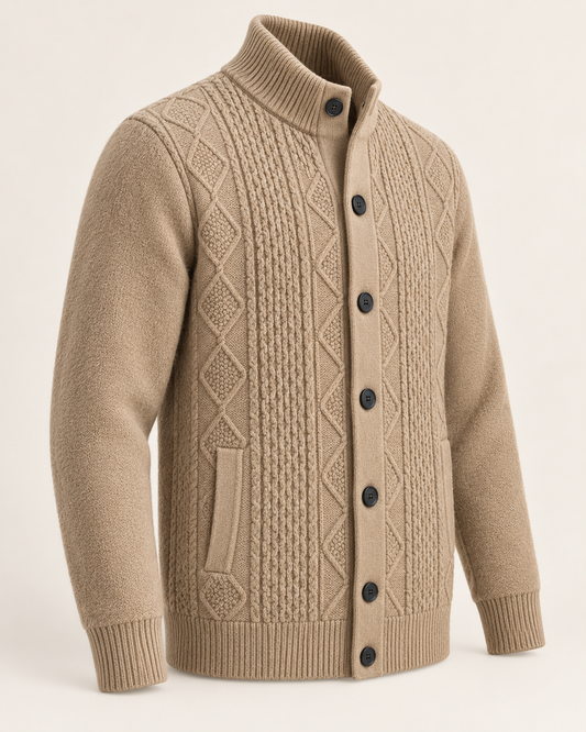 Cardigan a trecce con collo alto – Camel