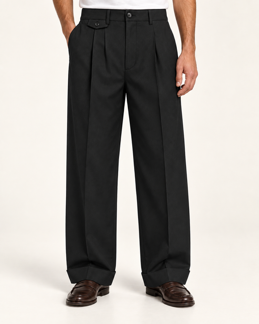 Pantalone Sartoriale Nero – Gamba Ampia con Risvolto