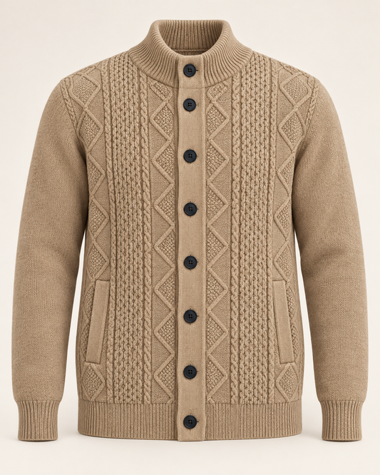 Cardigan a trecce con collo alto – Camel