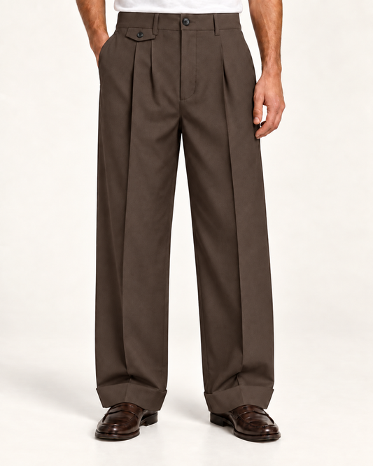 Pantalone Sartoriale Marrone – Gamba Ampia con Risvolto