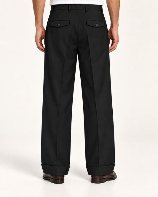 Pantalone Sartoriale Nero – Gamba Ampia con Risvolto